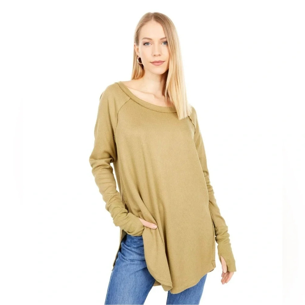 Free People Snowy Thermal Waffle Knit Thumbholes Tunic Top Olive Green Size XS